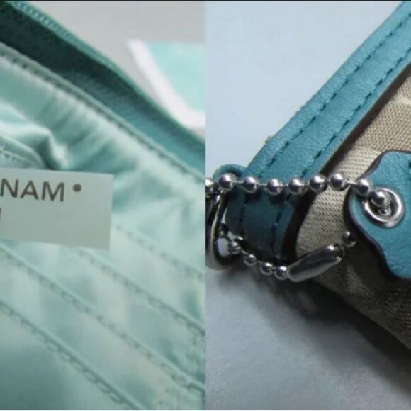 Coach Khaki Signature Sateen Canvas w/ Teal Leather Trim Wristlet Handbag Purse - Picture 4 of 6